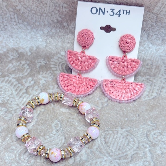 Brand New On 34th Woven Coral Pink Drop Earrings & Beaded Rhinestone Bracelet - Picture 1 of 13